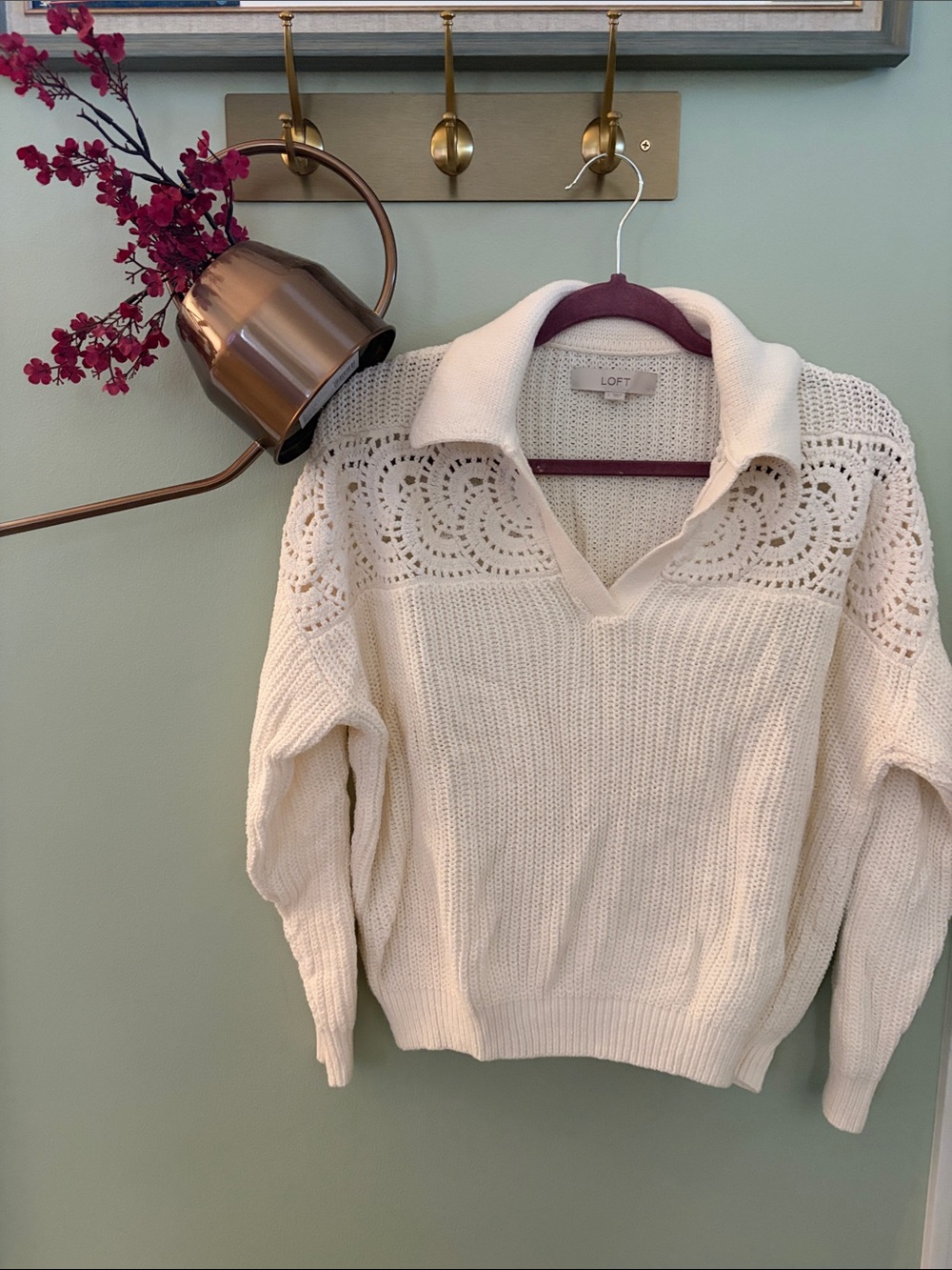 LOFT Cream Crochet-Yoke V-Neck Collared Sweater